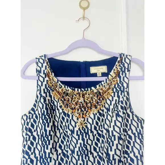 Anthropologie Beaded Blue and White Maison Souers Dress Size 4 Petite - Picture 4 of 11
